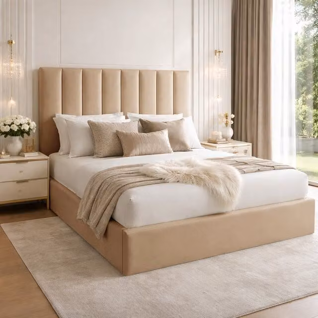 Desire Deco Suenna Upholstered Panel Bed Frame in Orange and Beige, 180 x 200 cm
