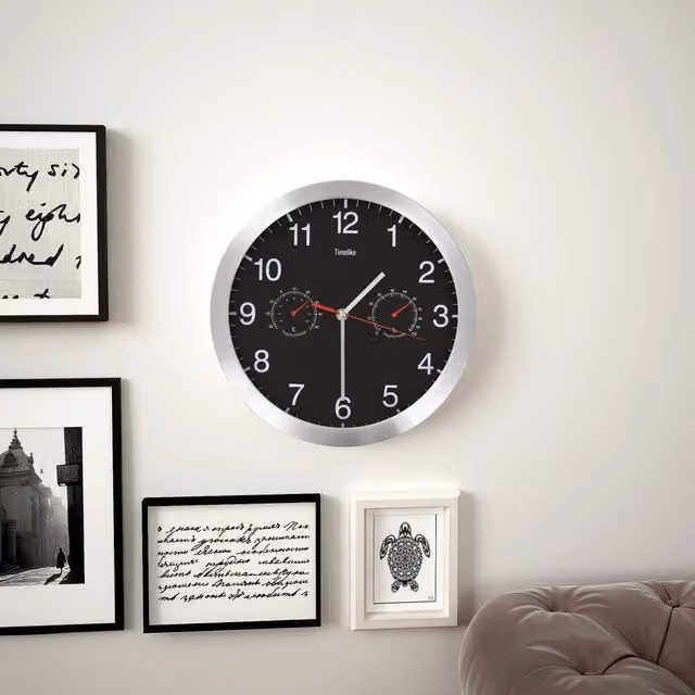 Berkfield Home Black Round Analog Wall Clock with Quartz Movement, Hygrometer and Thermometer – 1