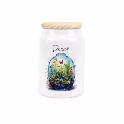 Purely Home Plant Terrarium Decaf Ceramic Storage Canister with Wooden Lid, Green and White, 0.6 l, W: 14.5 cm, D: 9.5 cm