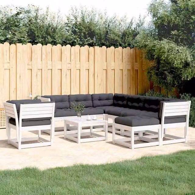 Berkfield Home 8 Piece White Solid Pine Wood Garden Lounge Set with Fabric Cushions and Matching Ottoman – 1
