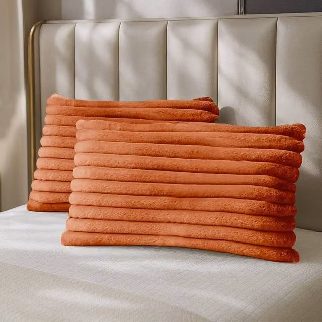 Velosso Pair of Jumbo Cord Faux Rabbit Pillowcases with Faux Fur in Terracotta