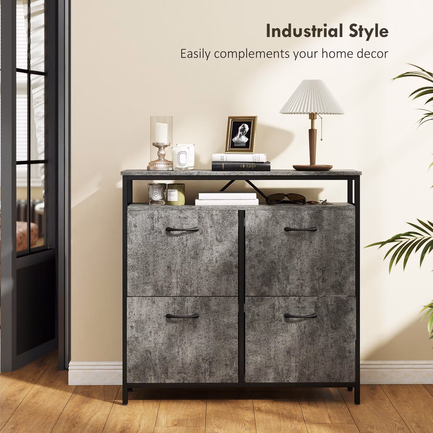 HOMCOM Industrial Shoe Storage Cabinet with 4 Tilting Compartments and Open Shelf, Grey and Black – 7