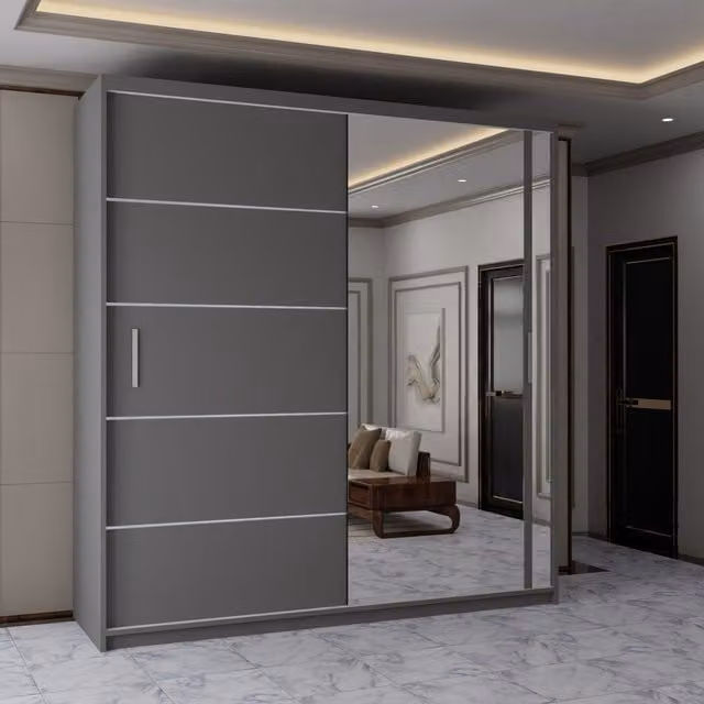 Sliding Wardrobes 4U Contemporary 2-Door Grey Sliding Wardrobe with Mirror Door W: 180 cm, H: 217 cm