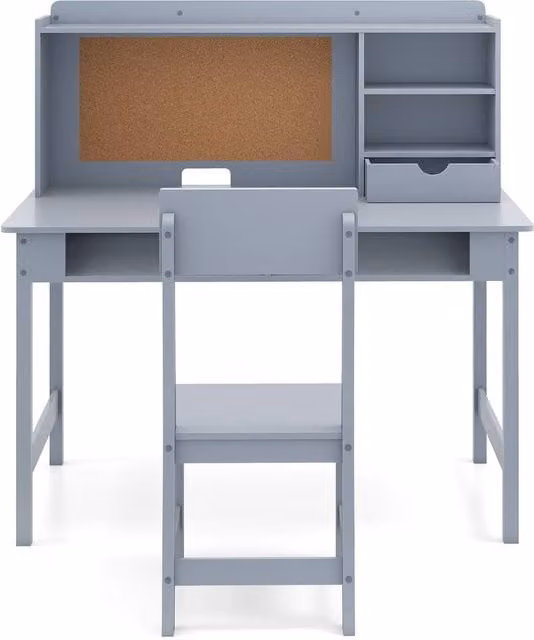 CASART Kids Wooden Study Table and Chair Set with Hutch and Shelves in Grey – 1