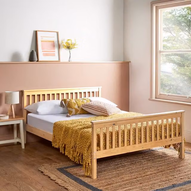 Home Treats Scandinavian Style Solid Wood Double Bed Frame in Light Pine with Hybrid Mattress
