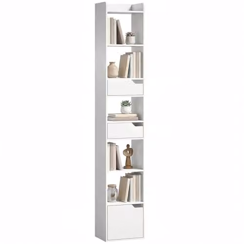 HOMCOM 5-Tier Modern Bookcase with Drawers and Cabinet in White Wood Effect