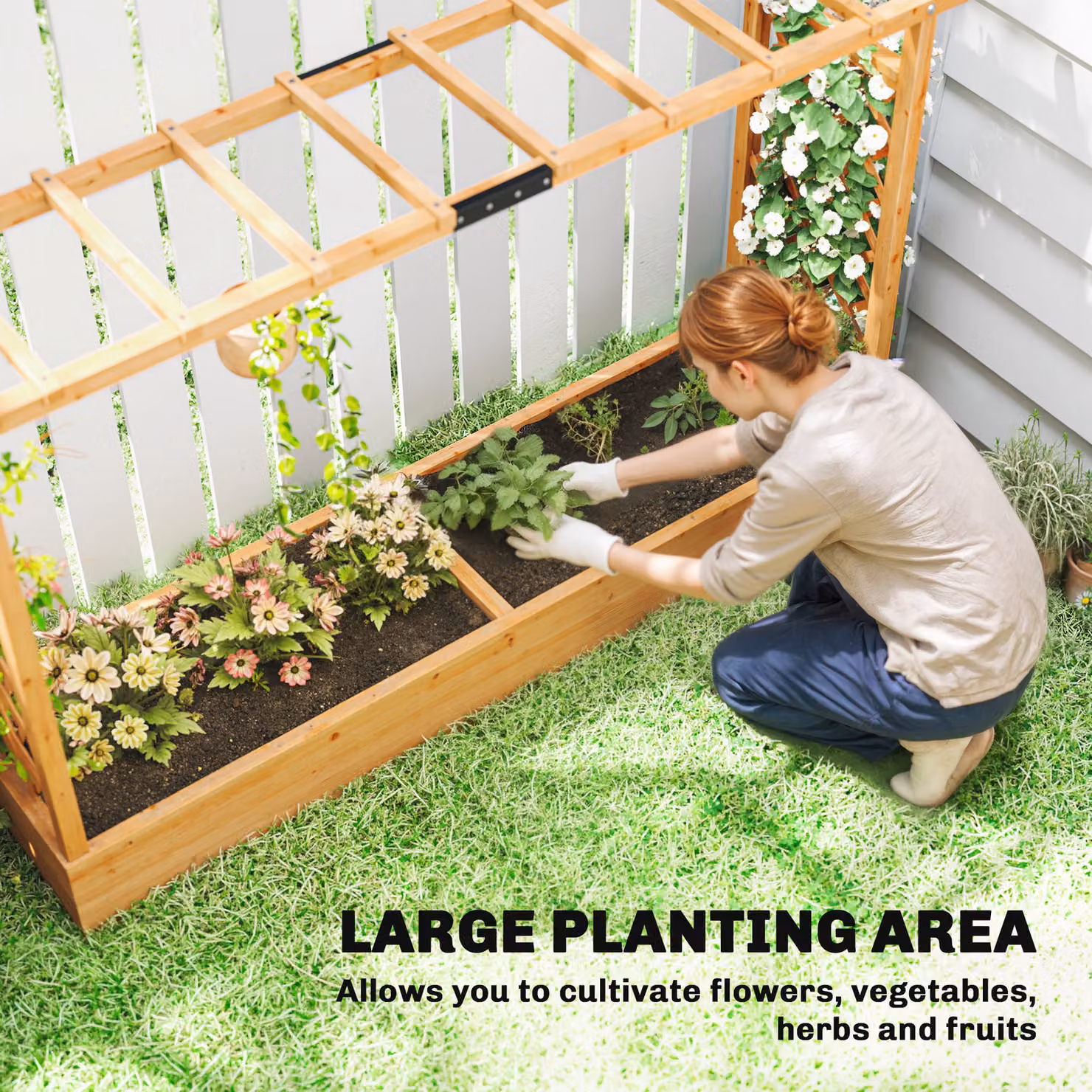 Outsunny Brown Wooden Raised Planter with Trellis and Hanging Roof for Ornamental or Herb Gardens, W/D/H: 113.5 x 40 x 39 cm – 2