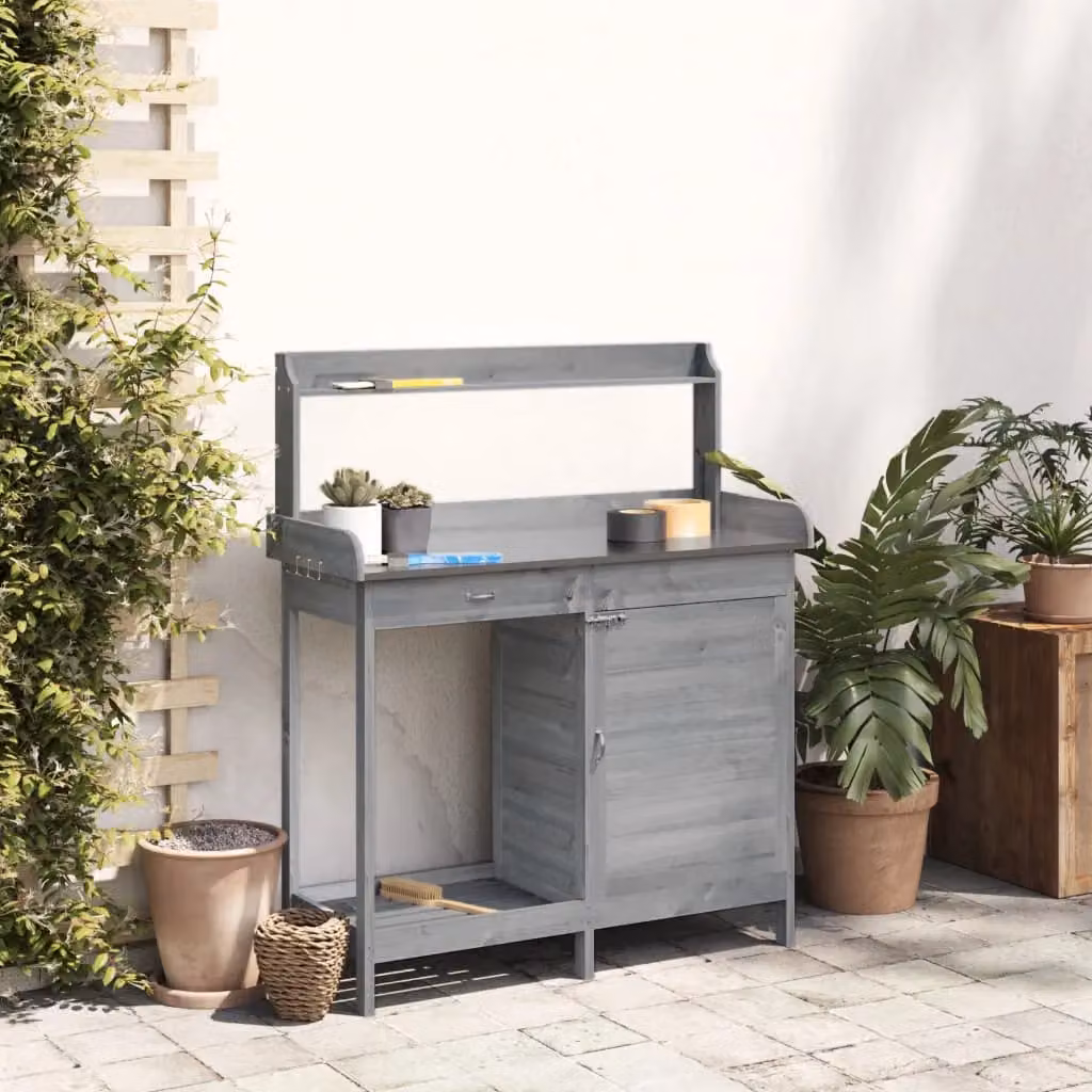 Berkfield Home Potting Table with Cabinet in Grey, Solid Wood and Metal, W/D/H: 110.5 x 45 x 124.5 cm – 3
