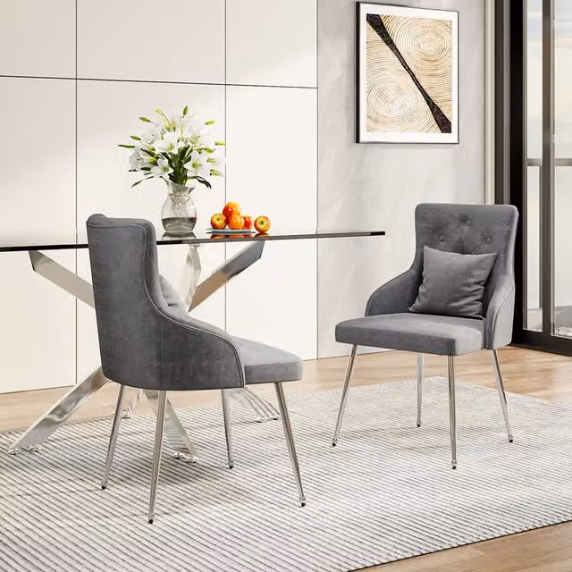 Livingandhome Grey Velvet Upholstered Dining Chair with Pillow