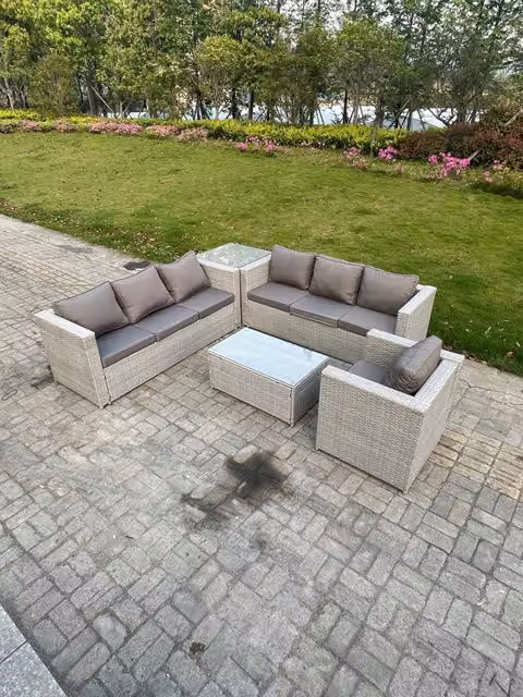 Fimous Outdoor Rattan Garden Furniture Set in Light Grey with Corner Sofa, Armchairs and Coffee Table