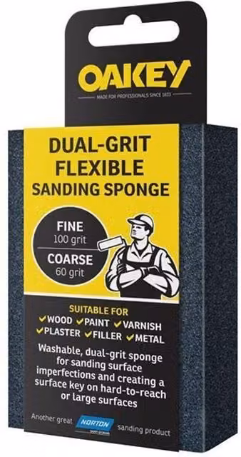 Oakey Dual-grit Flexible Hand Sanding Sponge in Multicolour for Wood, Metal and Paint