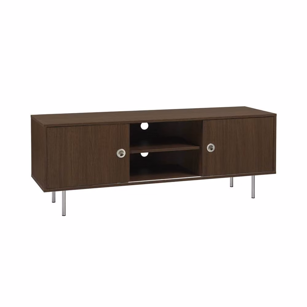 sweeek Vintage TV Stand with Wood Decor and Stainless Steel, 2 Doors, Dark Brown – 2