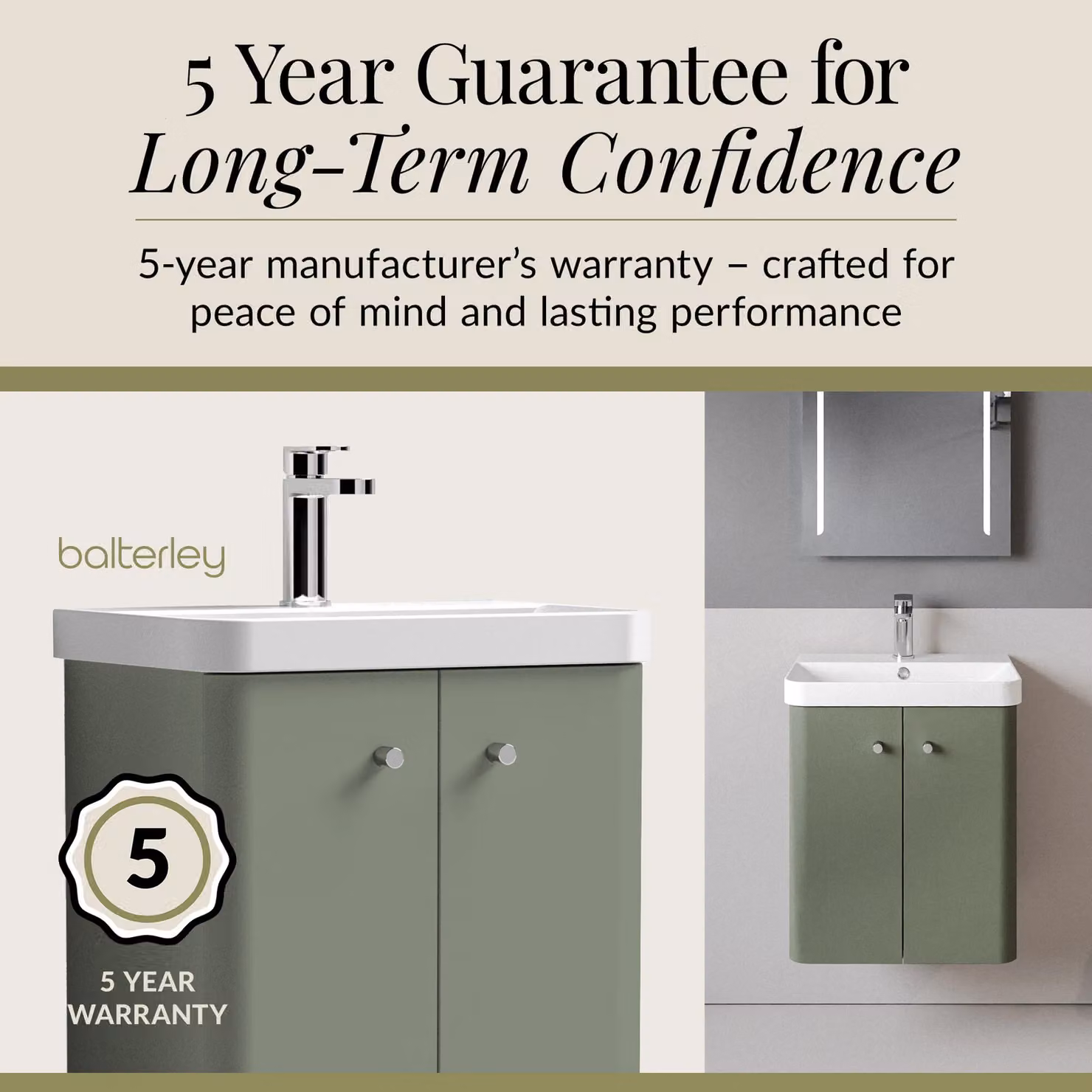 Balterley Modern Wall Hung 2 Door Bathroom Vanity Unit with Basin, Satin Green, W: 50.5 cm – 3