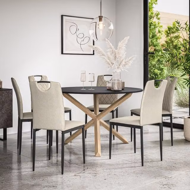 More4Homes Malvern Round Dining Table and 6 Monza Fabric Chairs Set, Black Table Top with Solid Oak Legs and Beige Chairs, Diameter: 120 cm, Height: 75 cm