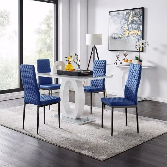 FurnitureboxUK Giovani Grey Glass Dining Table and 4 Navy Velvet Milan Chairs Set