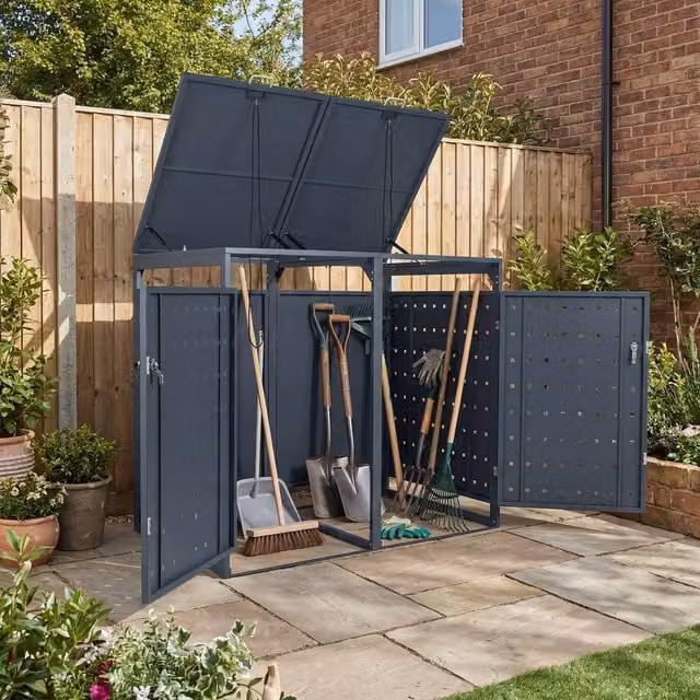 Costway Outdoor Metal Garbage Bin Storage Shed for 2 Trash Cans in Grey