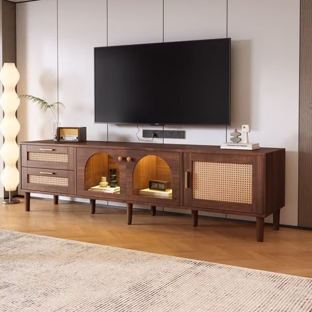 BTM Brown Rustic TV Cabinet with Rattan and LED Lights, W: 180 cm, D: 40 cm, H: 50 cm