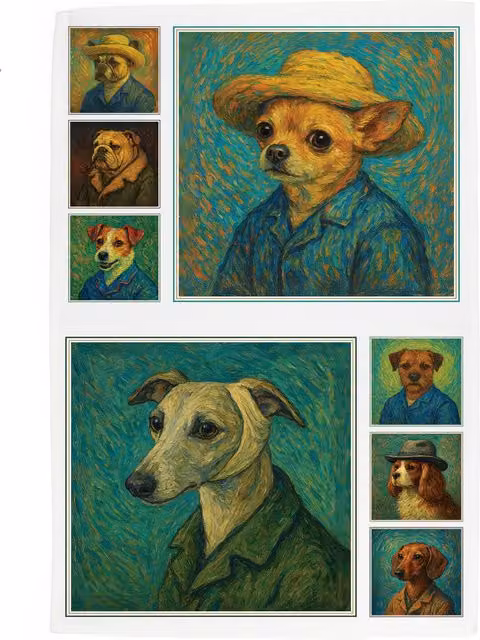 Purely Home Van Gogh Dogs Portraits Graphic Kitchen Tea Towel, Multicoloured and White
