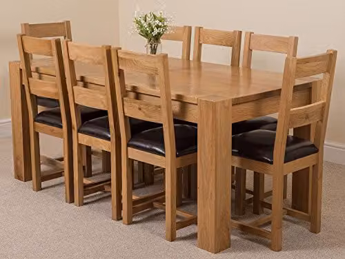 Oak Furniture King Kuba 8 Seater Solid Oak Dining Set with Lincoln Upholstered Leather Chairs, Natural Finish, W/D/H: 180 x 90 x 78 cm