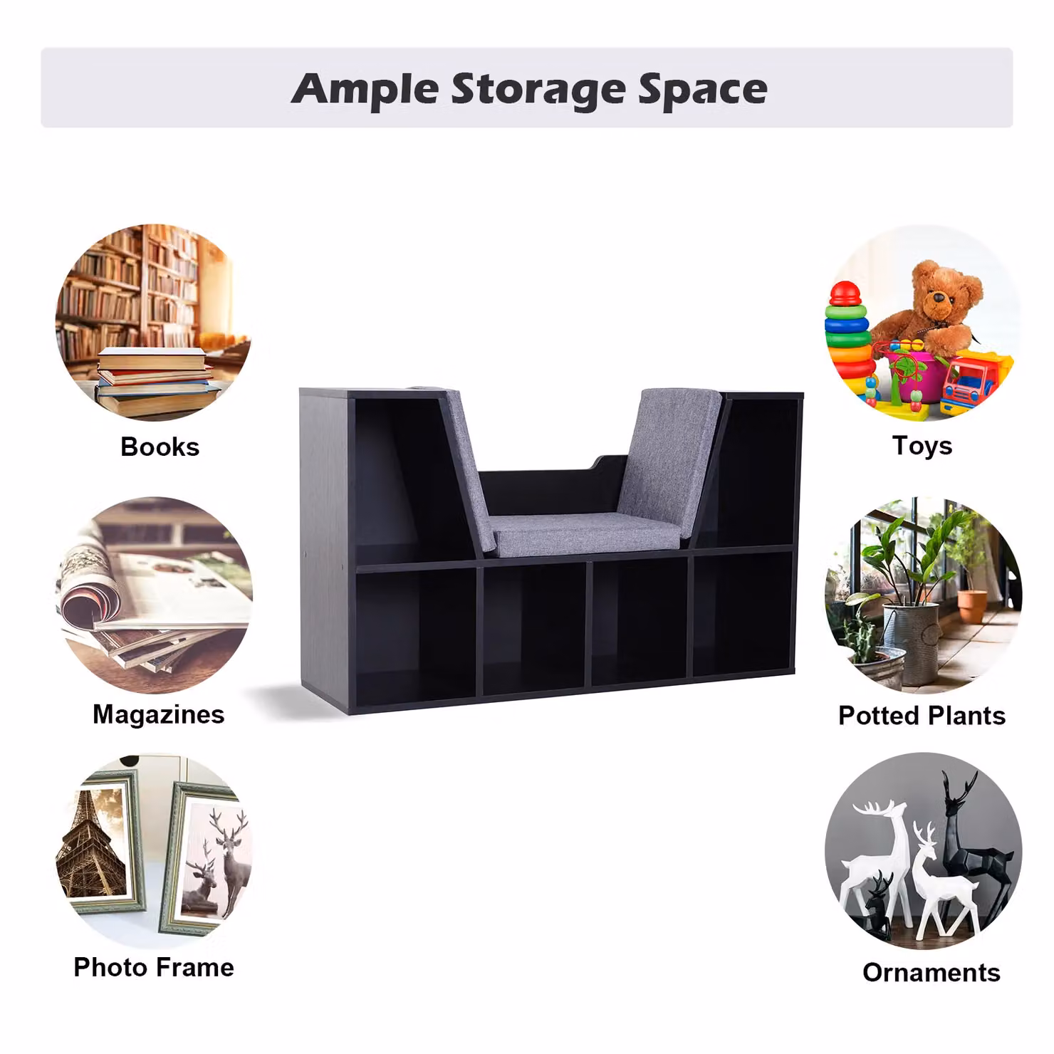HOMCOM Six Cube Bookcase Storage and Reading Seat Unit in Black and Brown – 5