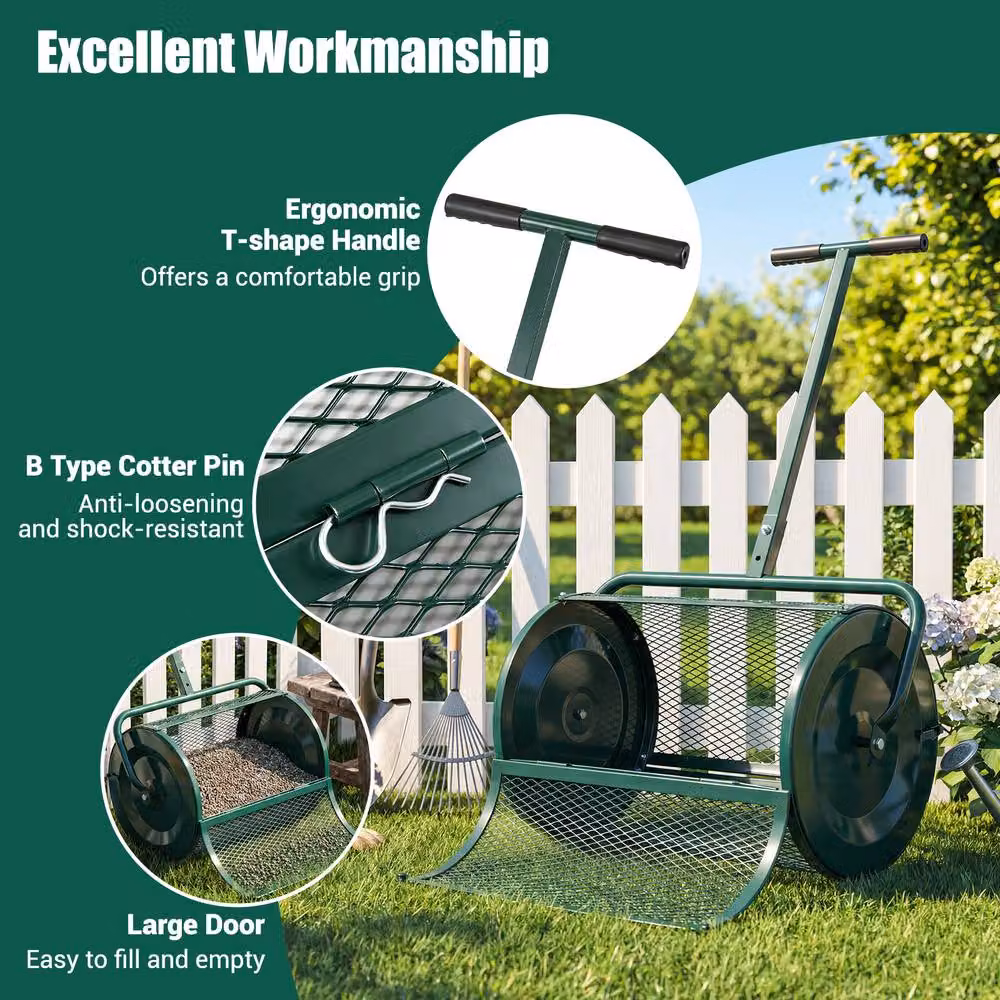 Costway Compost and Peat Moss Spreader Roller with Height-adjustable Handle, Green – 3