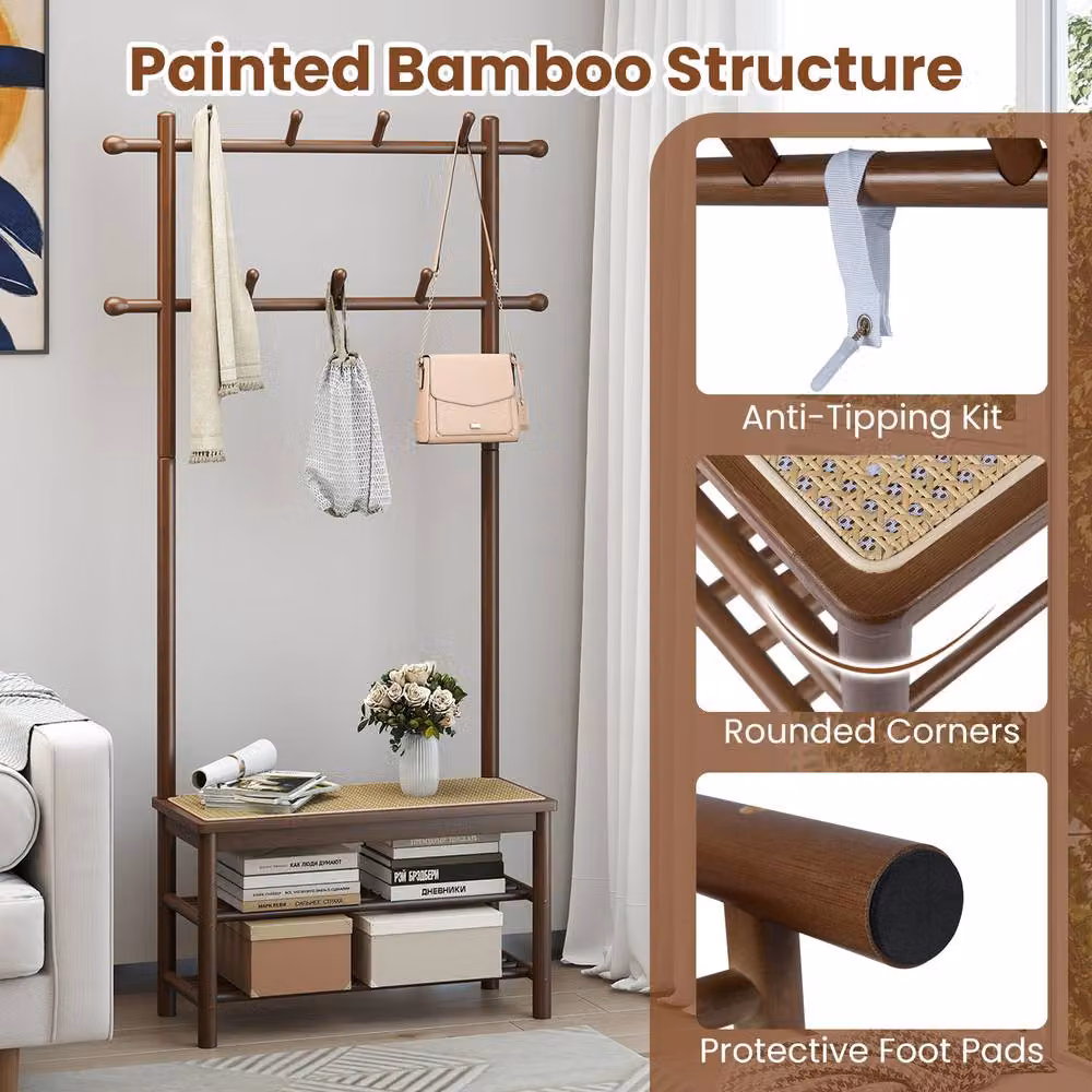 Gymax Rustic Brown Hall Tree Entryway Bench with 11 Hooks, 2 Hanging Rods and Shoe Rack – 4