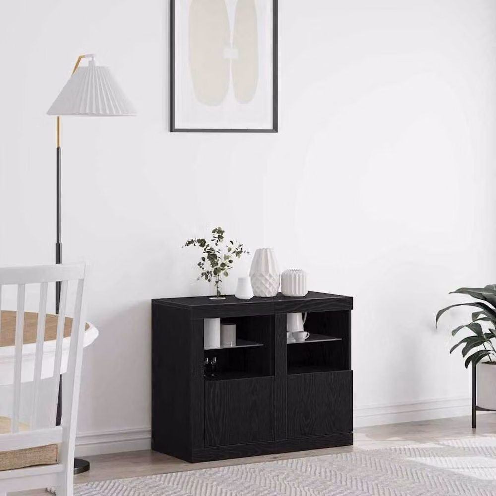 Berkfield Home Side Cabinets with LED Lights, 2 Pack, Black Oak, W: 41 cm, D: 37 cm, H: 67 cm – 2