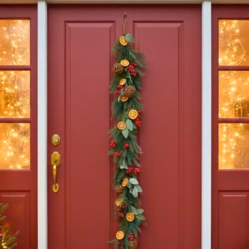 Shatchi 1.8m Rustic Christmas Garland with Eucalyptus Foliage, Orange and Berry Decorations in Red, Orange and Green – 8