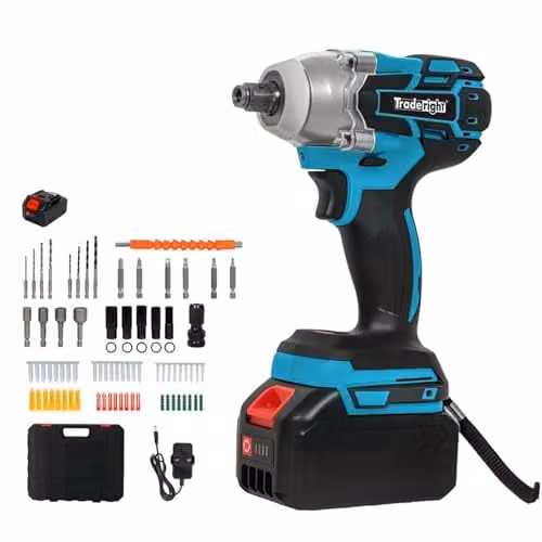Traderight 21V Cordless Brushless Impact Wrench 73-Piece Kit with 550Nm High Torque, 1/2" and 1/4" Adapters, 4.0Ah Battery and Fast Charger in Black and Blue – 1