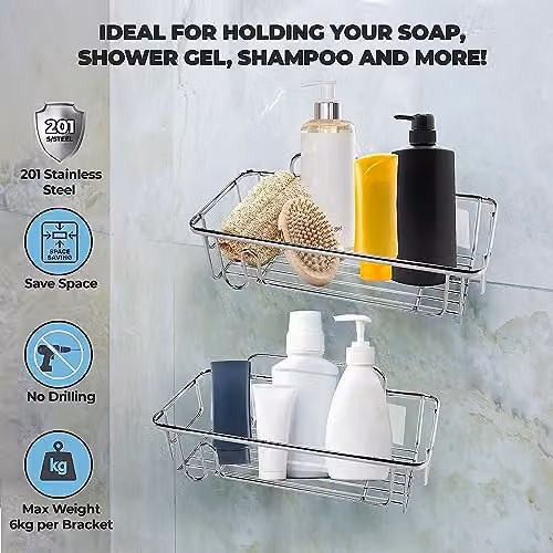 MantraRaj Silver Stainless Steel Flat Wall Shower Caddy Pack of 2 with Suction Cups and Drainage – 2