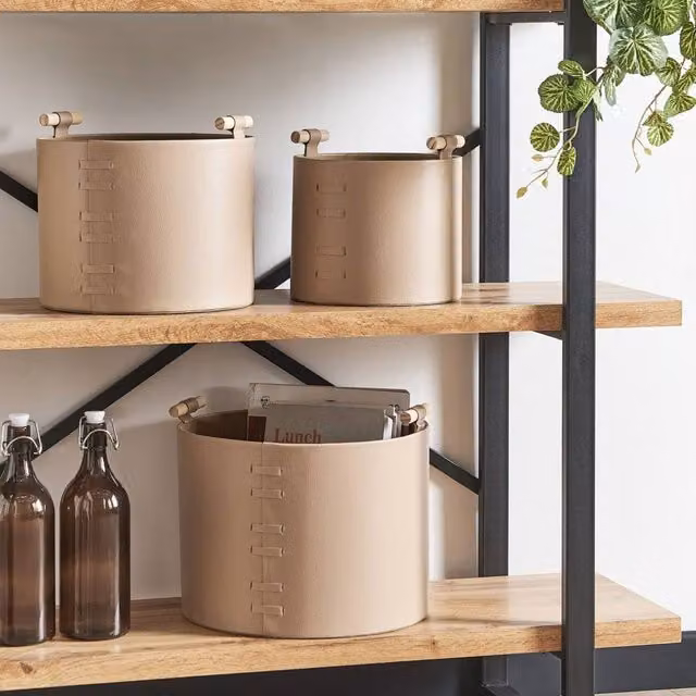 Wyld and Coco 3-Piece Beige Faux Leather Storage Baskets with Handles