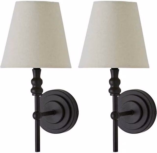ValueLights Maggie Pair of Black Candlestick Wall Lights with Fabric Tapered Shades