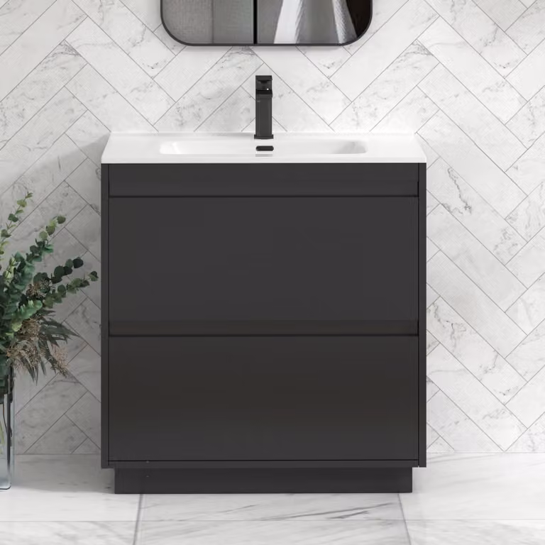 Royal Bathrooms Orion 800mm Matt Obsidian Black 2 Drawer Floor Standing Vanity Unit with Ceramic Basin and Black Accent Trim