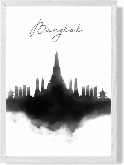ARTZE Bangkok Watercolour Skyline City Framed Print, A2, Black and White