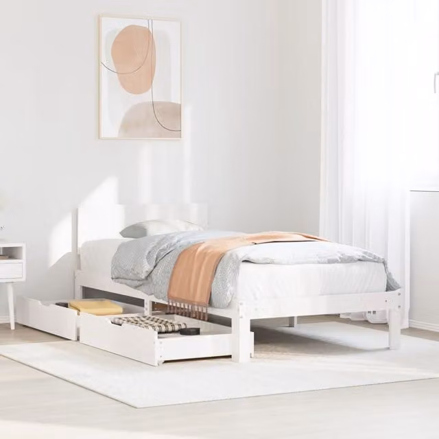 Berkfield Home White Pine Wood Bed Frame with Drawers W/D/H: 100 x 200 cm