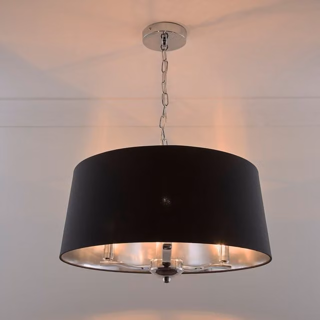 K LIVING Giovanna 3 Light Dimmable Chrome Chandelier with Black Fabric Shade and Silver Lining