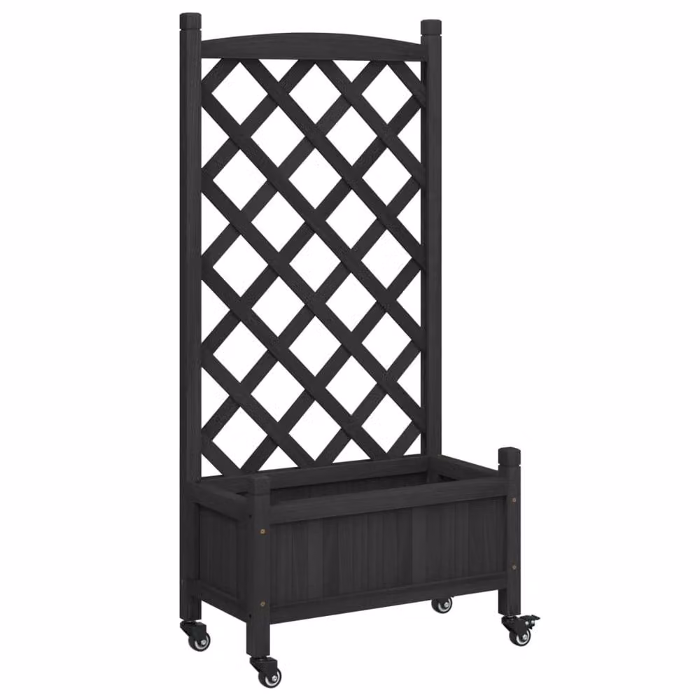 Berkfield Home Black Solid Fir Wood Planter with Trellis and Wheels – 2