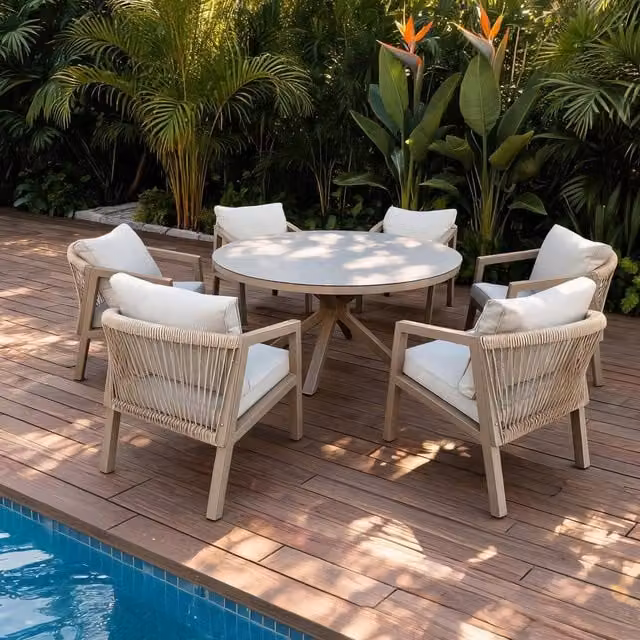 FURNITURE ONE 6 Seater Aluminium Garden Dining Set in Beige with Round Glass Top, Diameter: 145 cm