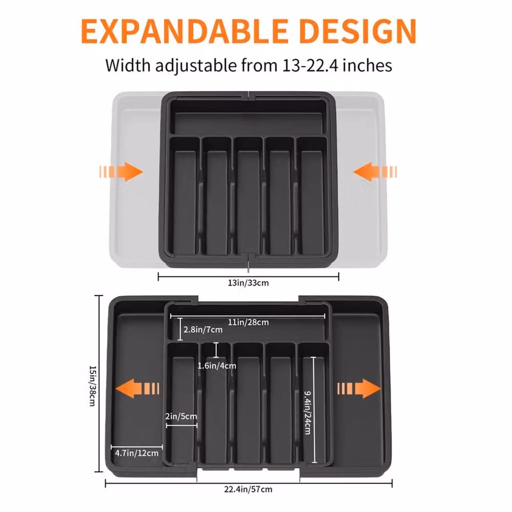 VOGREX Black Plastic Expandable Cutlery Tray Drawer Insert for Kitchen with Compartments – 2