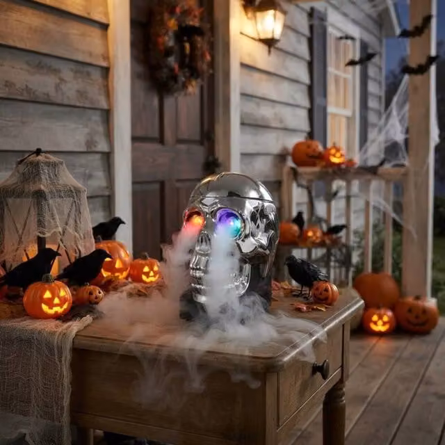 Garden Greatness Eerie Silver Skull Fog Machine Halloween Tabletop Decoration