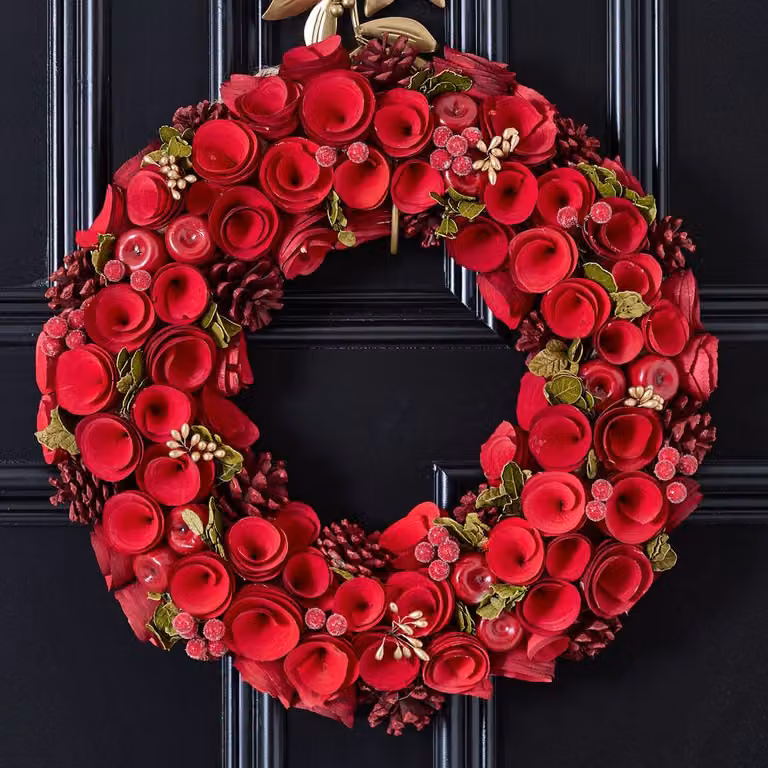 Dibor Extra Large Red Rose Christmas Wreath with Stag Hanger, Diameter: 42 cm