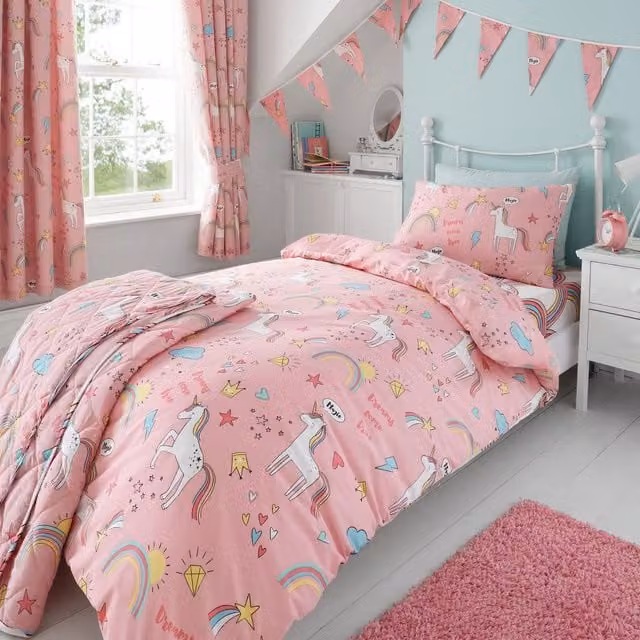 Happy Linen Company Kids Reversible Pink Unicorns and Rainbows Linen Duvet Cover Bedding Set