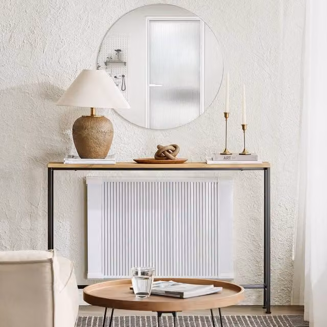 SoBuy Extendable Industrial Console Table with Oak Wood Top and Metal Frame in Brown and Black