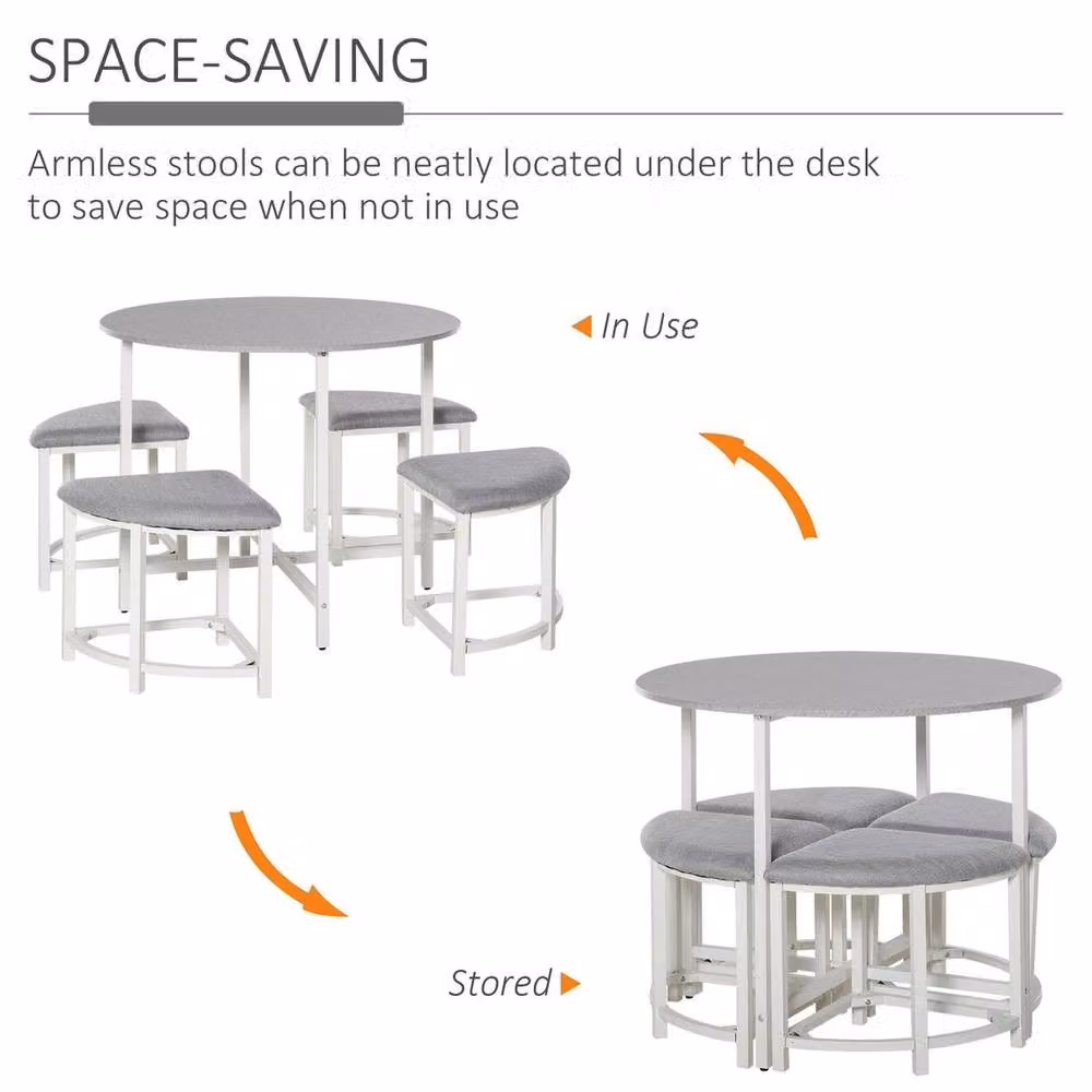 EONLION Modern Round Dining Table Set with 4 Grey Upholstered Stools, Diameter: 100 cm – 2