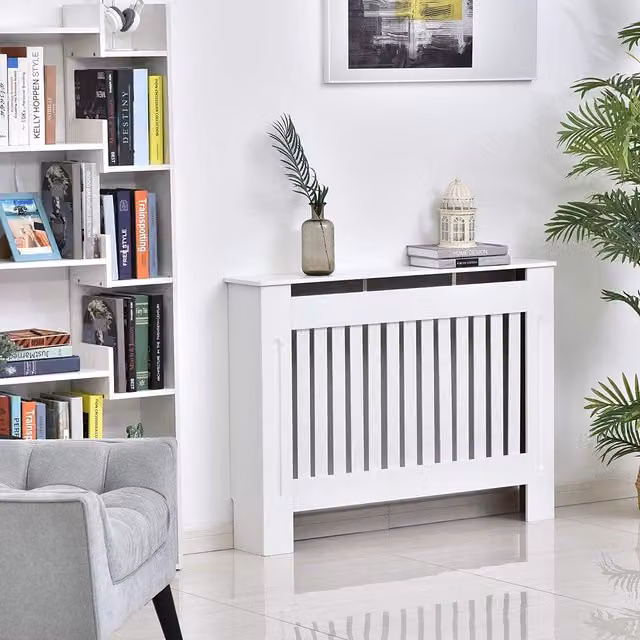 HOMCOM Modern Minimalist Slatted Radiator Cover in White, MDF Construction, W: 112 cm, D: 19 cm, H: 81 cm