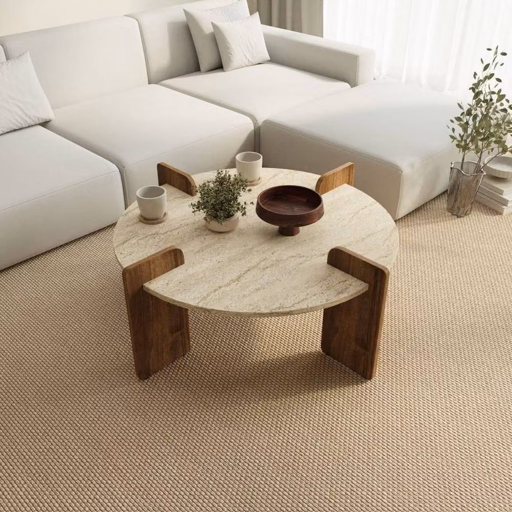 CALICOSY Round Coffee Table in Travertine and Walnut Finish, Beige, Diameter: 90 cm, Height: 35 cm – 2