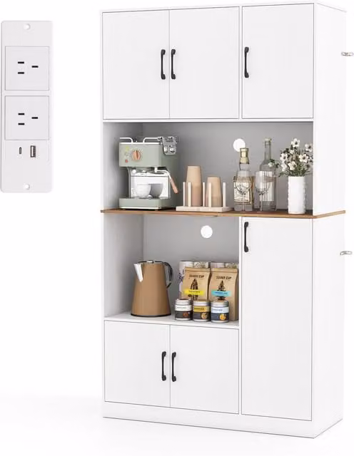 COSTWAY Modern White Tall Pantry Cabinet with Hinged Doors and Open Shelves, Height: 180 cm