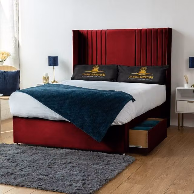 UK Bed Furniture Skyline Wingback Divan Bed with 2 Drawers and 54 Headboard in Red Velvet, W/D/H: 140 x 200 cm