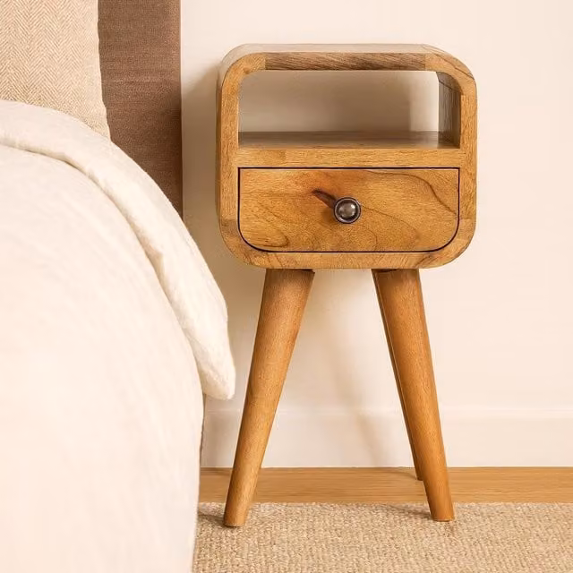 Aosom UK Brown Mango Wood Mid-Century Narrow Curved Nightstand with Drawer and Open Slot – 1