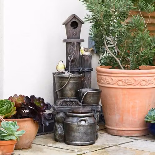 Serenity Bird House Water Feature in Natural Brown, Polyresin Cascading Garden Oasis, Height: 89 cm – 2